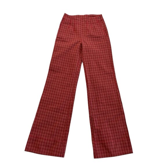 Free People Sofia Wide Leg Flare Pants Red Plaid Side Zip Trouser NWOT Size 2 - Picture 3 of 7